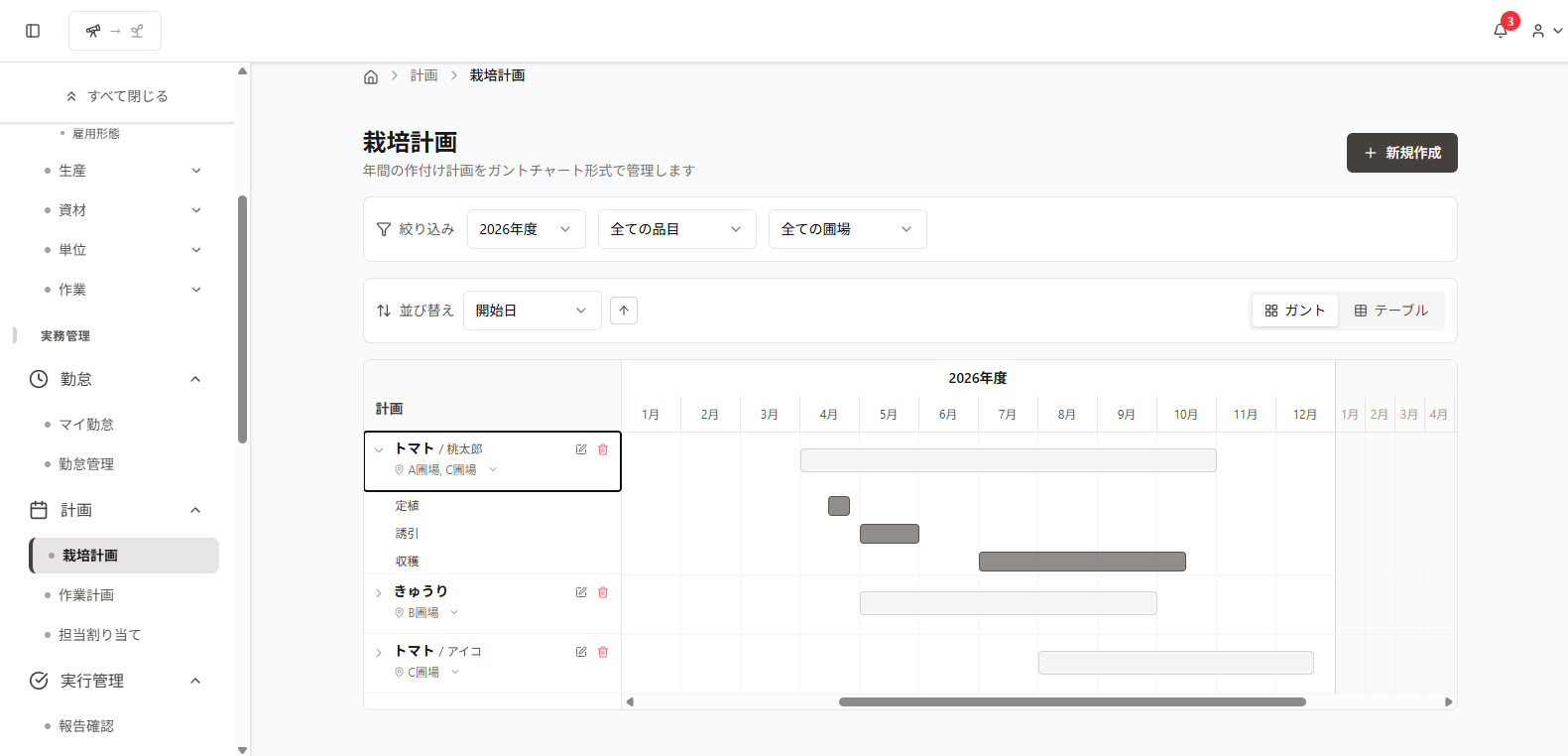 栽培計画管理画面